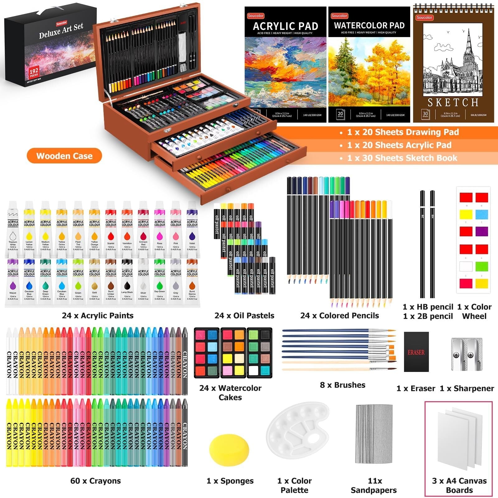 192 Pack Deluxe Art Set Drawing Painting Supplies Art Kit