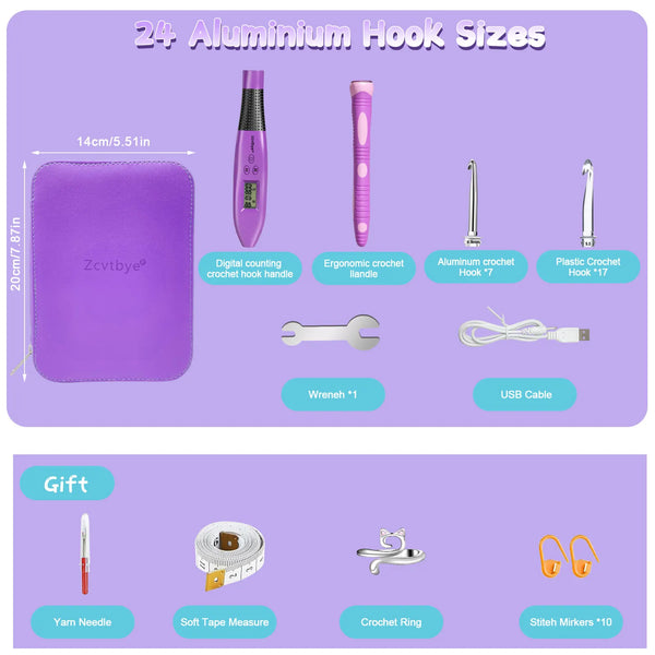 24 Piece Crochet Hook Set with LED Light Ergonomic Needles