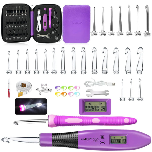 24 Piece Crochet Hook Set with LED Light Ergonomic Needles