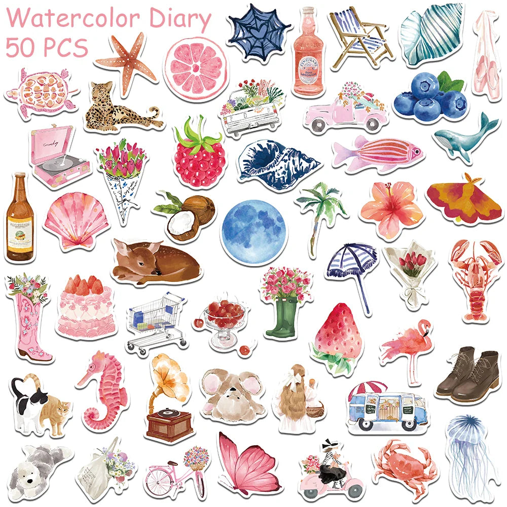 Cartoon Watercolor Aesthetic Stickers for Phone Laptop Scrapbook DIY
