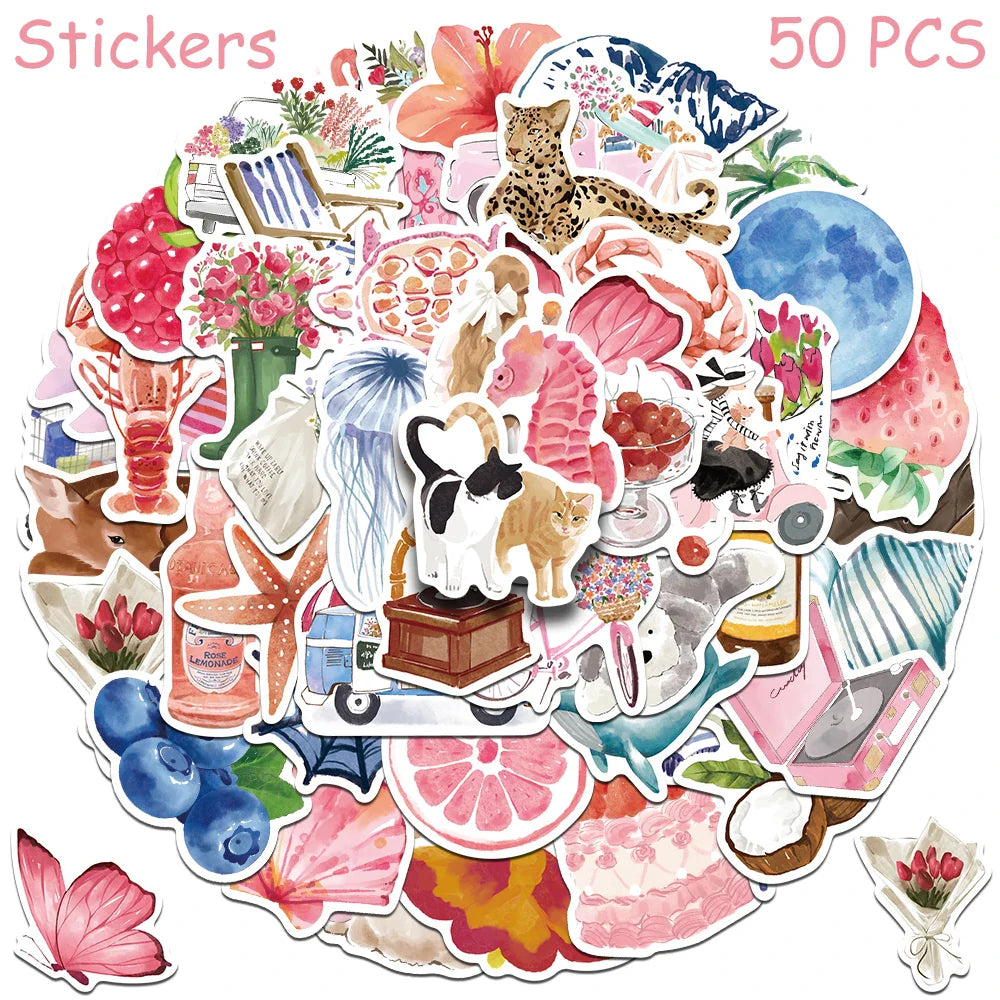Cartoon Watercolor Aesthetic Stickers for Phone Laptop Scrapbook DIY