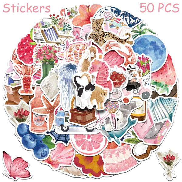 Cartoon Watercolor Aesthetic Stickers for Phone Laptop Scrapbook DIY