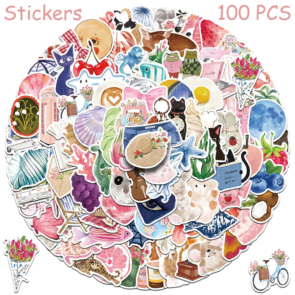 Cartoon Watercolor Aesthetic Stickers for Phone Laptop Scrapbook DIY