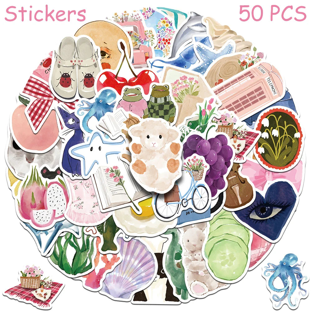 Cartoon Watercolor Aesthetic Stickers for Phone Laptop Scrapbook DIY