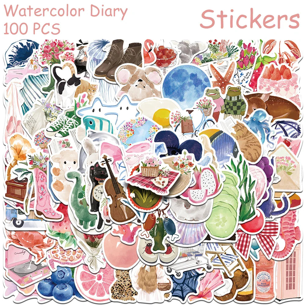 Cartoon Watercolor Aesthetic Stickers for Phone Laptop Scrapbook DIY