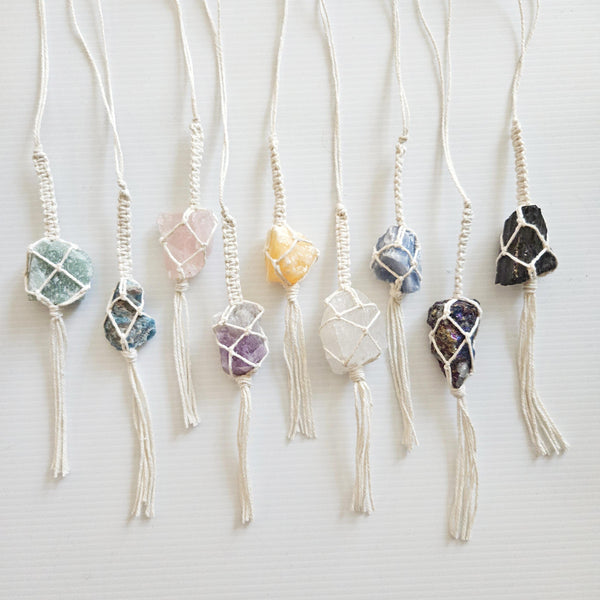 Macrame wrapped crystal rear view mirror charm DIY craft kit.